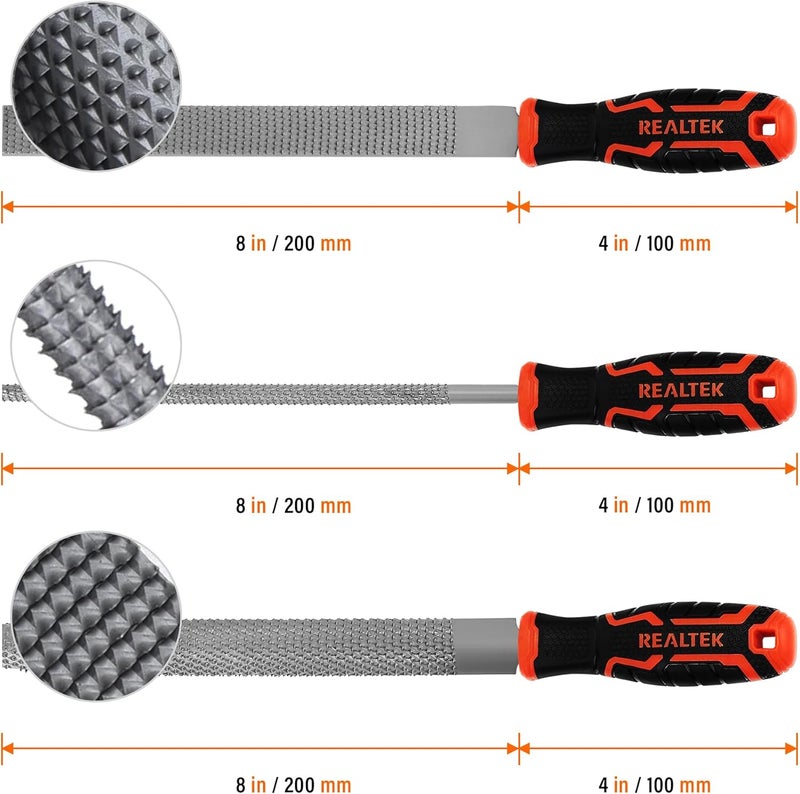 REALTEK 3-Piece 12" Wood Rasp File Set with 4" Longer Rubber Grip, T12 High Carbon Wood File Set for Woodworking, Flat/Half Round/Round Perfect Files for Wood Manual Cutting and Sharping - Image 2